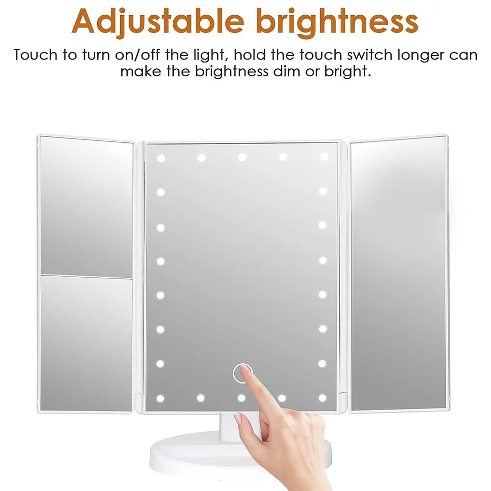 Tri-Fold LED Lighted Makeup Mirror with Magnification & Touch Control