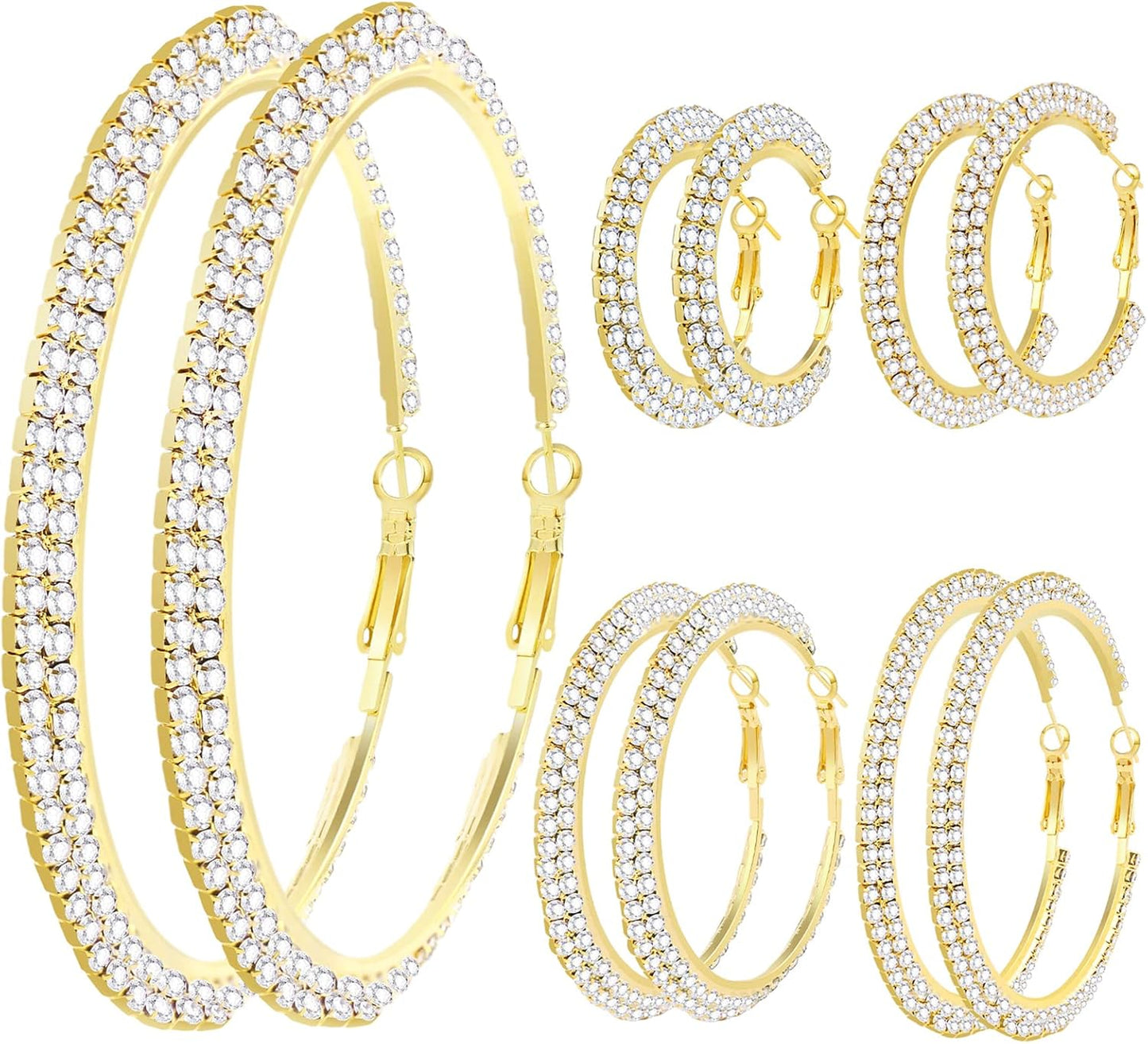 7-Pair Rhinestone Hoop Earring Set – Gold & Silver, 3-10cm Sparkly Round Hoops for Party & Wedding