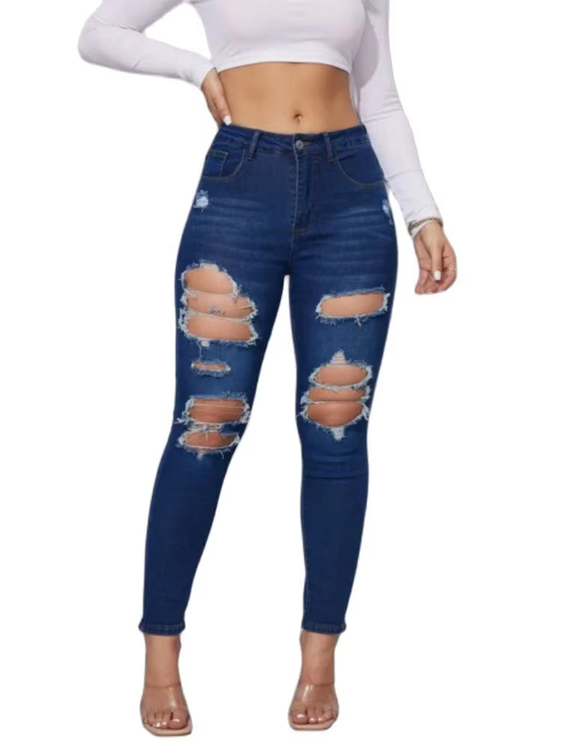 2024 Summer New Women'S Ripped Jeans Fashionable High Stretch Skinny Denim Pencil Pants Slim Jeans S-2XL