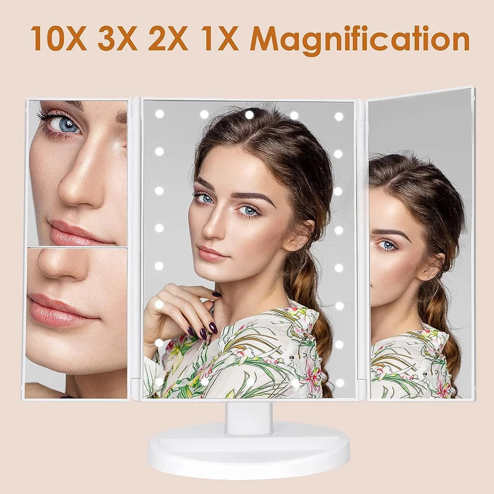 Tri-Fold LED Lighted Makeup Mirror with Magnification & Touch Control