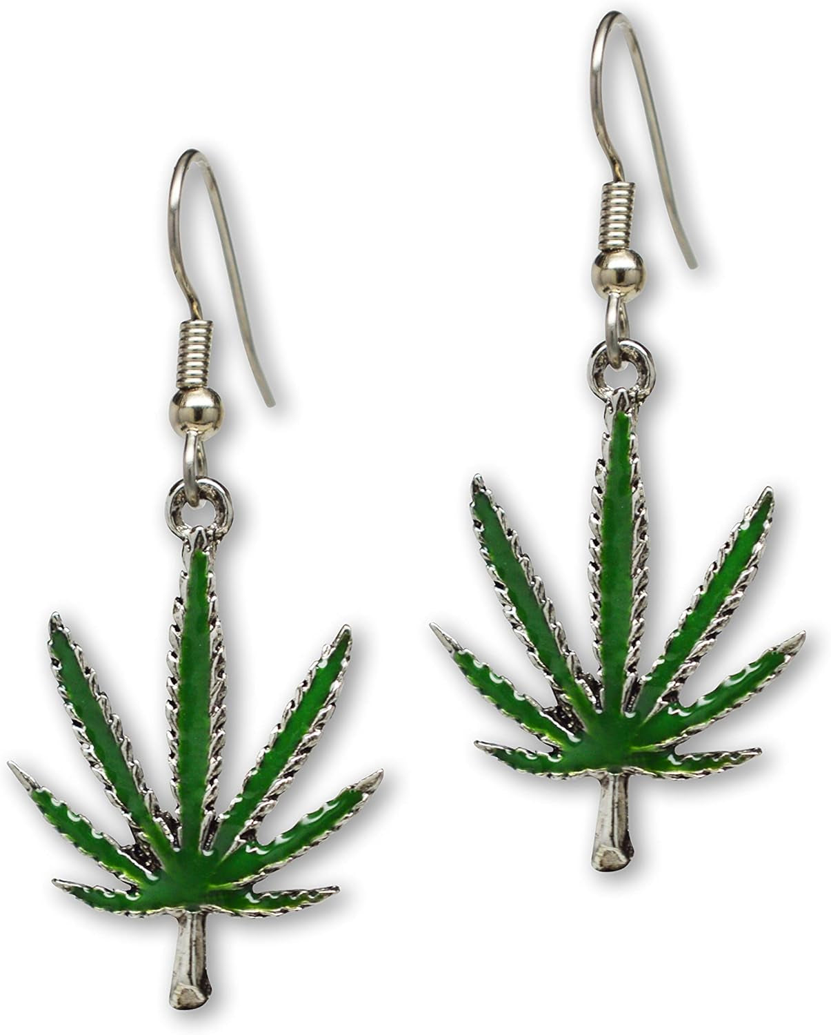 Marijuana Weed Pot Leaf Dangle Earrings Green Enamel on Pewter