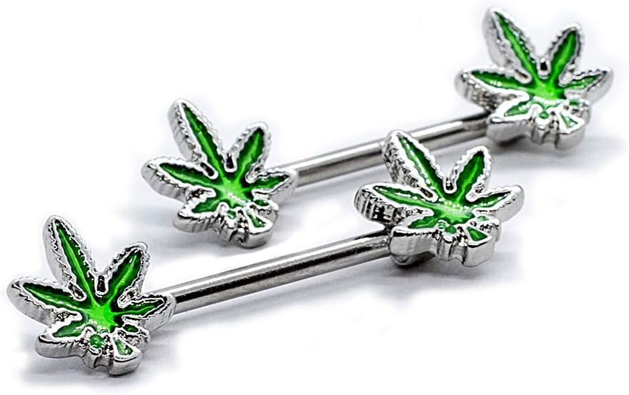 14G Nipple Piercing Surgical Stainless-Steel Set of 2 Barbell Marijuana Weed Cute Nipple Rings Nipple Piercing Jewelry for Women - 9/16" Barbell