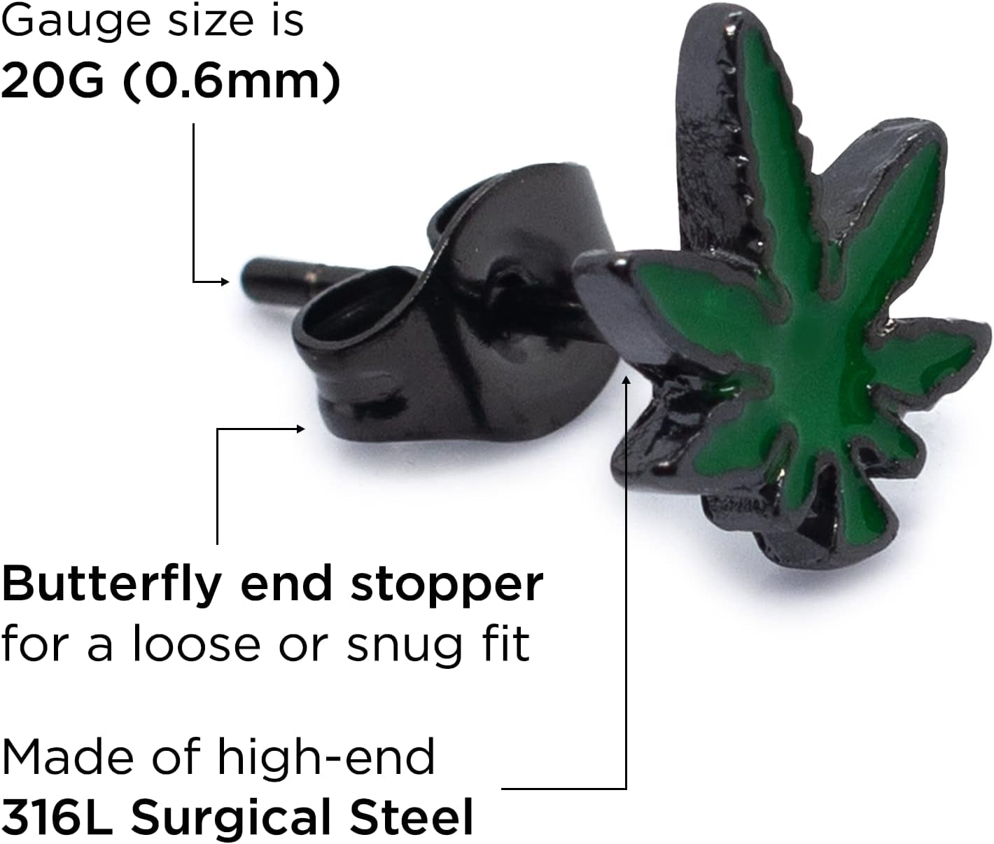 P2GO Pair of 316L Marijuana Leaf Pendant Stud Earrings Jewelry