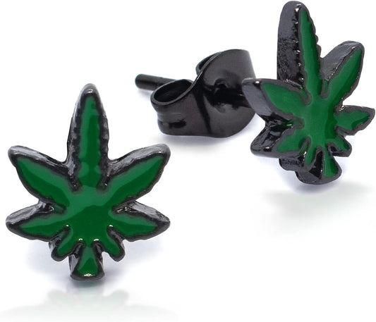 P2GO Pair of 316L Marijuana Leaf Pendant Stud Earrings Jewelry