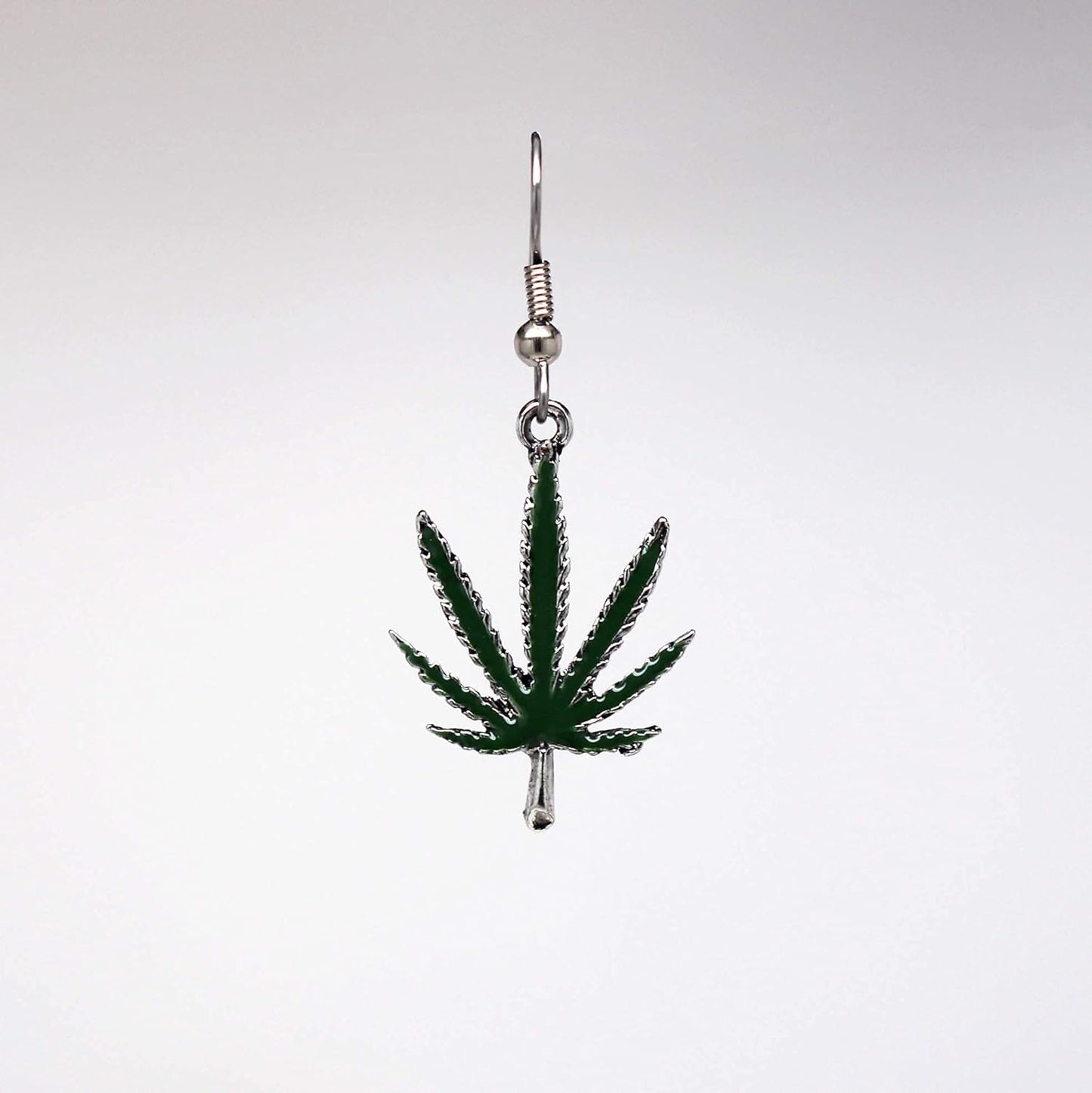 Marijuana Weed Pot Leaf Dangle Earrings Green Enamel on Pewter