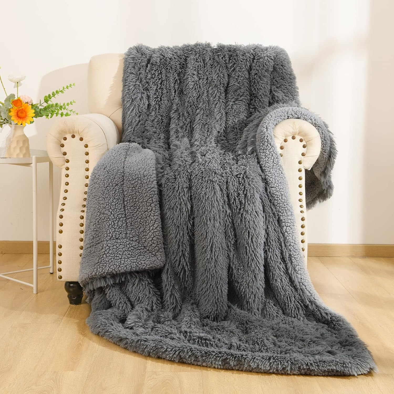 Light Blue Throw Blankets, Super Soft Shaggy Fuzzy Sherpa Blankets, Cozy Warm Lightweight Fluffy Faux Fur Blankets for Bed Couch Sofa Photo Props Home Decor, Washable 50"X60"