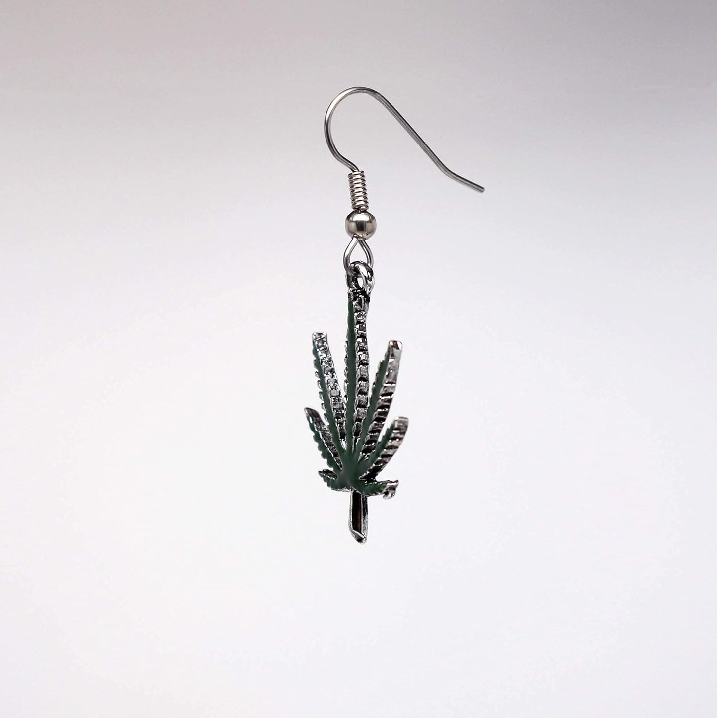 Marijuana Weed Pot Leaf Dangle Earrings Green Enamel on Pewter