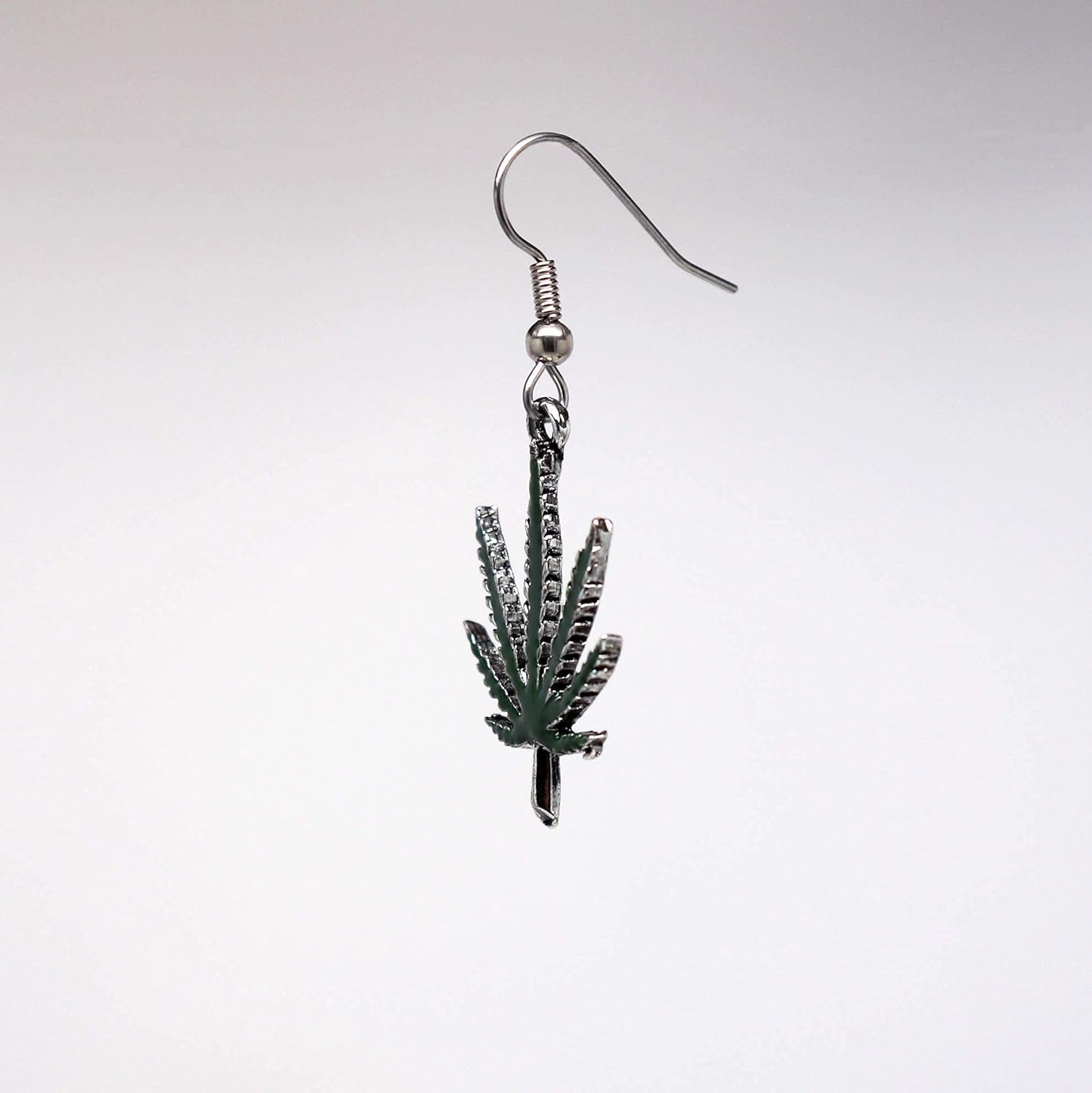 Marijuana Weed Pot Leaf Dangle Earrings Green Enamel on Pewter