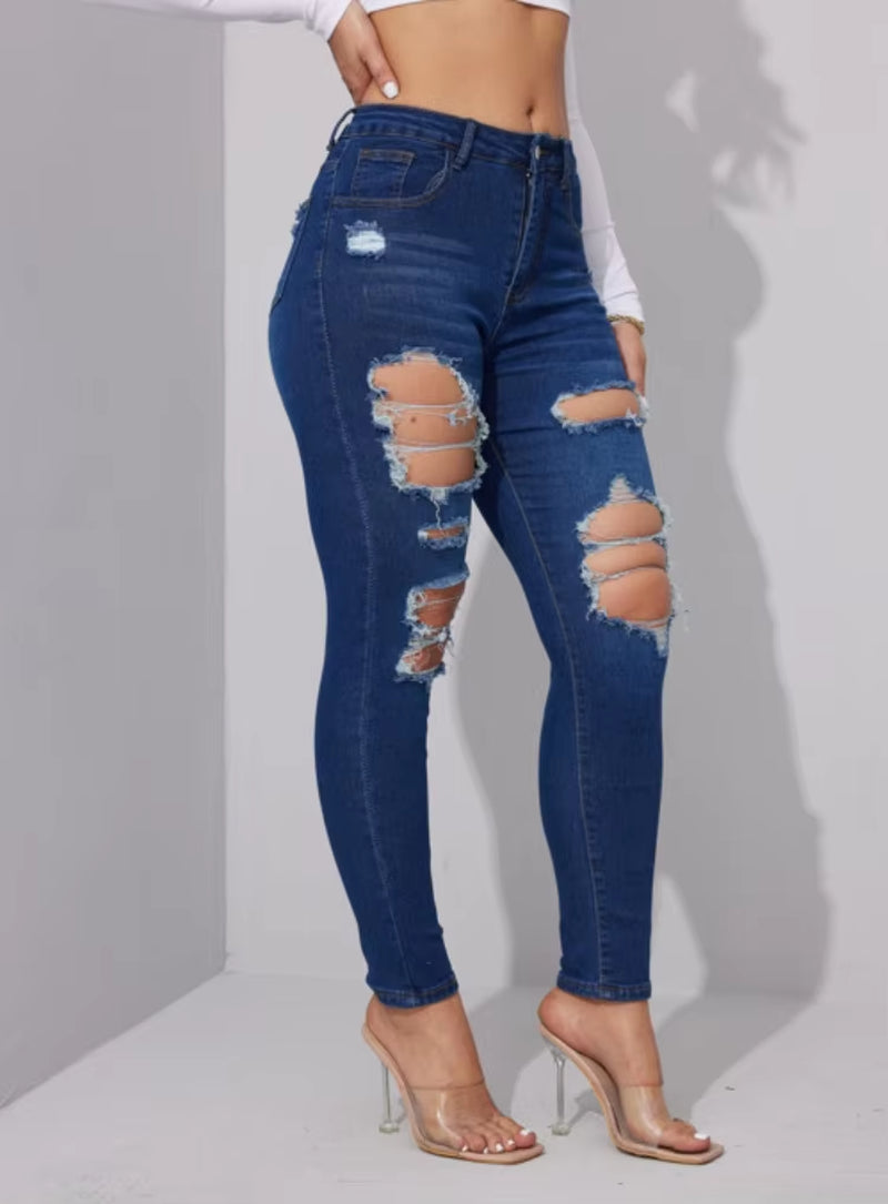 2024 Summer New Women'S Ripped Jeans Fashionable High Stretch Skinny Denim Pencil Pants Slim Jeans S-2XL