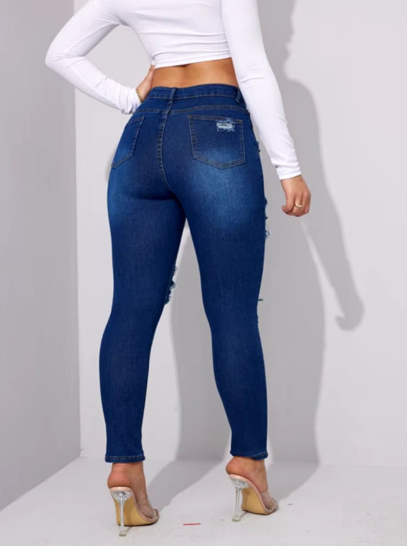 2024 Summer New Women'S Ripped Jeans Fashionable High Stretch Skinny Denim Pencil Pants Slim Jeans S-2XL