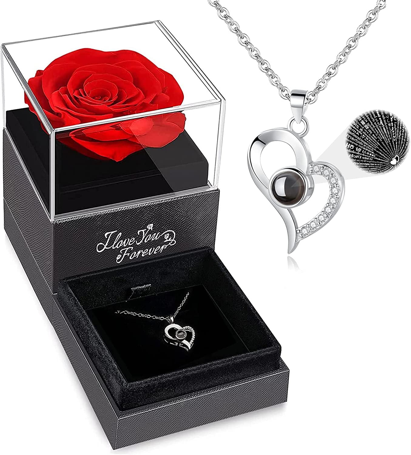 Mothers Day Gifts, Preserved Real Rose with I Love You Necklace, Forever Flowers Rose Gifts for Women, Mom, Wife and Girlfriend, Anniversary Birthday Gifts for Women