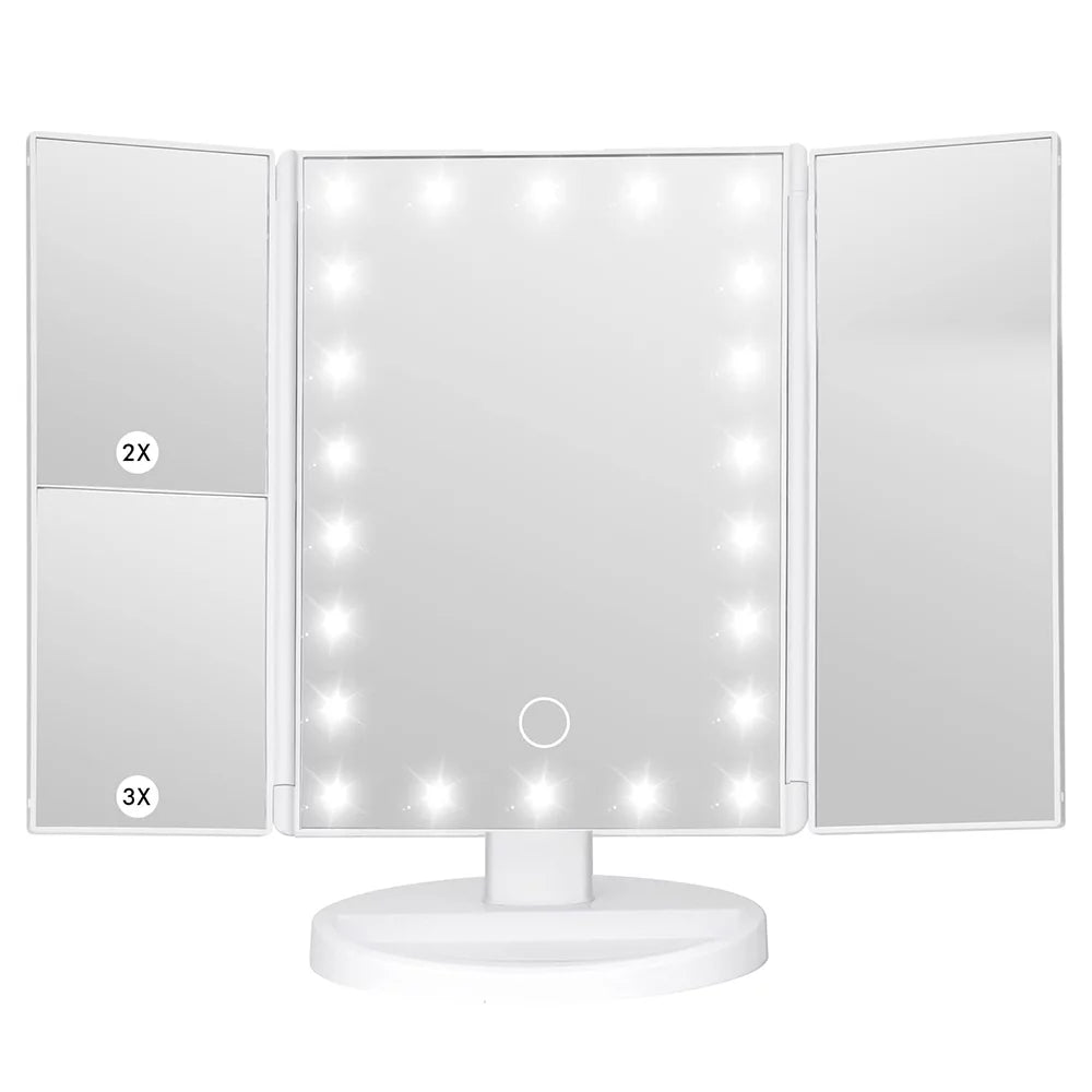 Tri-Fold LED Lighted Makeup Mirror with Magnification & Touch Control