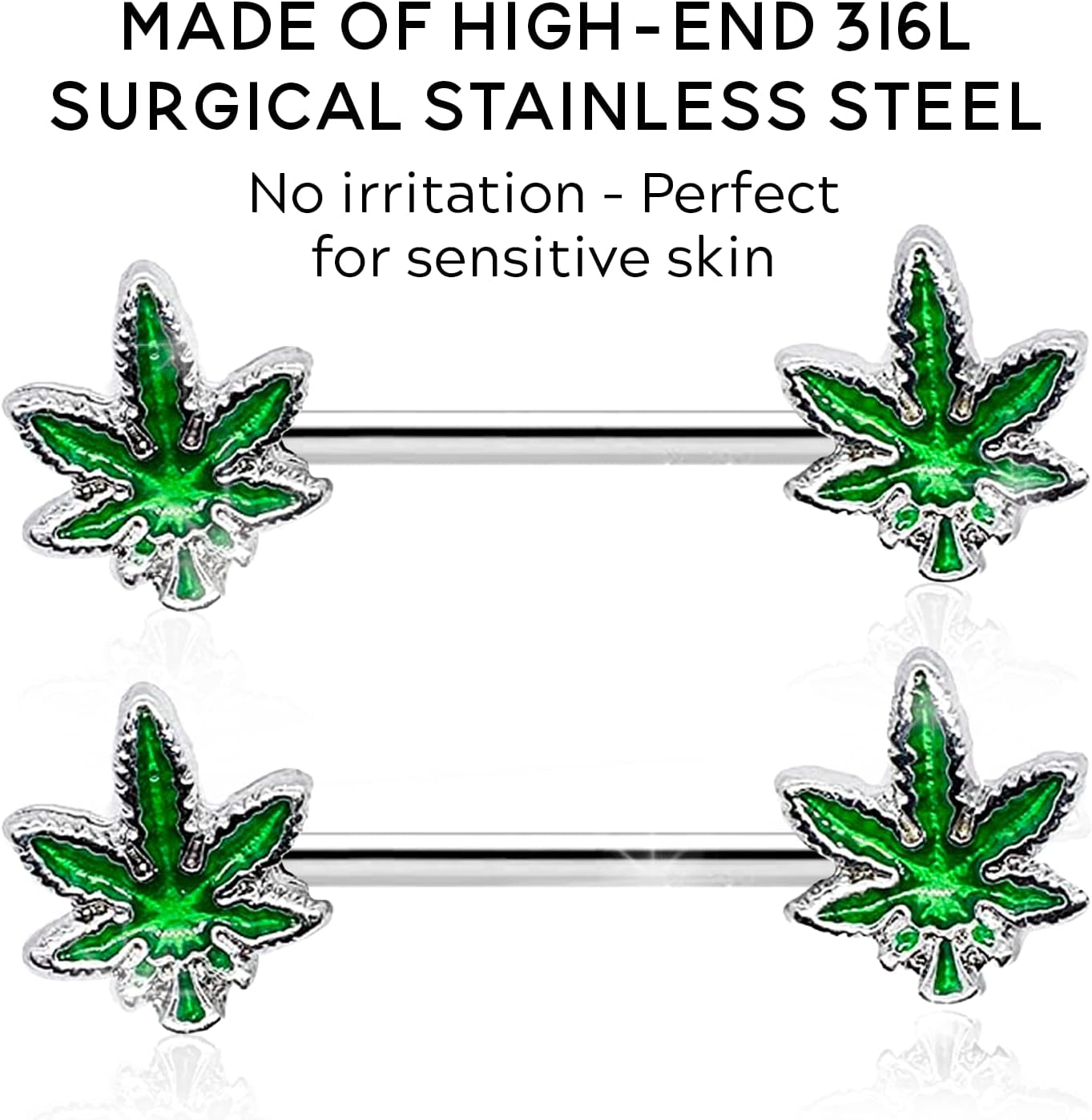 14G Nipple Piercing Surgical Stainless-Steel Set of 2 Barbell Marijuana Weed Cute Nipple Rings Nipple Piercing Jewelry for Women - 9/16" Barbell