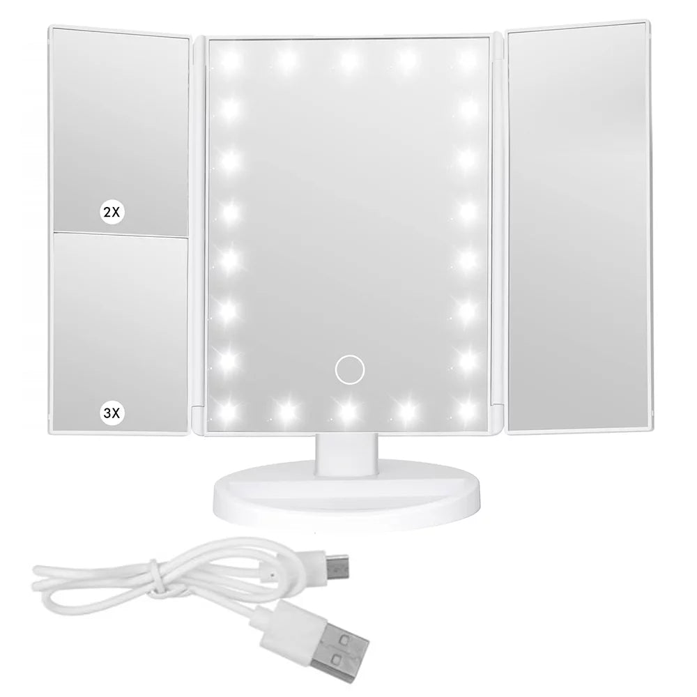 Tri-Fold LED Lighted Makeup Mirror with Magnification & Touch Control