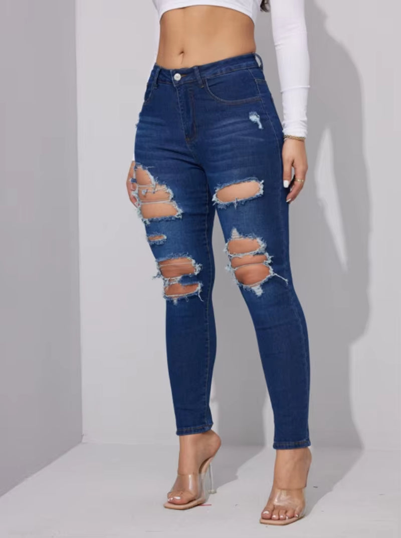 2024 Summer New Women'S Ripped Jeans Fashionable High Stretch Skinny Denim Pencil Pants Slim Jeans S-2XL