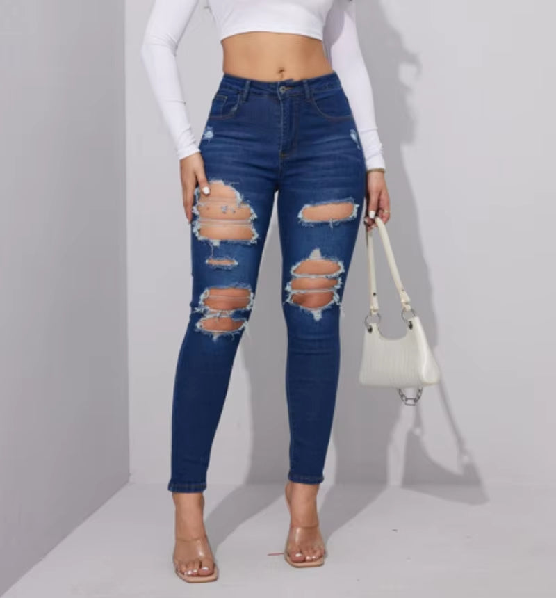 2024 Summer New Women'S Ripped Jeans Fashionable High Stretch Skinny Denim Pencil Pants Slim Jeans S-2XL