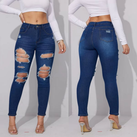 2024 Summer New Women'S Ripped Jeans Fashionable High Stretch Skinny Denim Pencil Pants Slim Jeans S-2XL