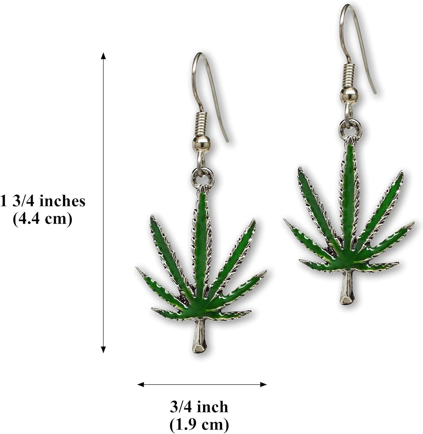 Marijuana Weed Pot Leaf Dangle Earrings Green Enamel on Pewter