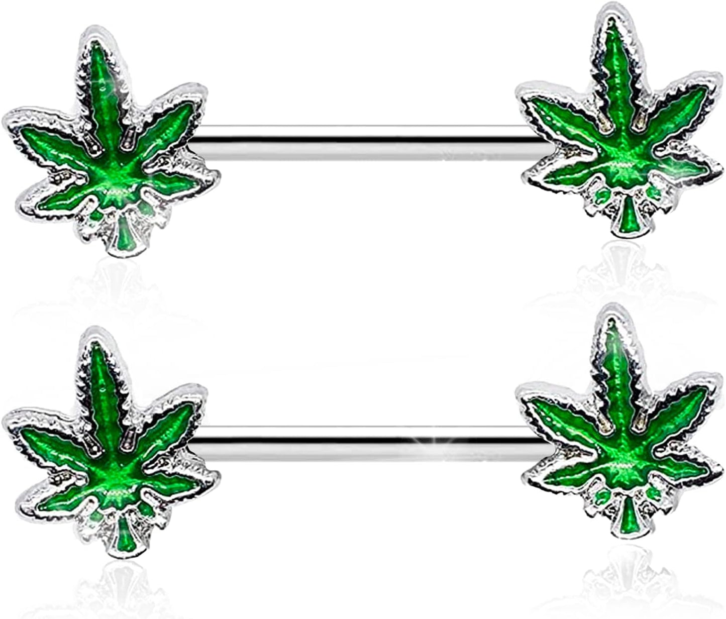 14G Nipple Piercing Surgical Stainless-Steel Set of 2 Barbell Marijuana Weed Cute Nipple Rings Nipple Piercing Jewelry for Women - 9/16" Barbell