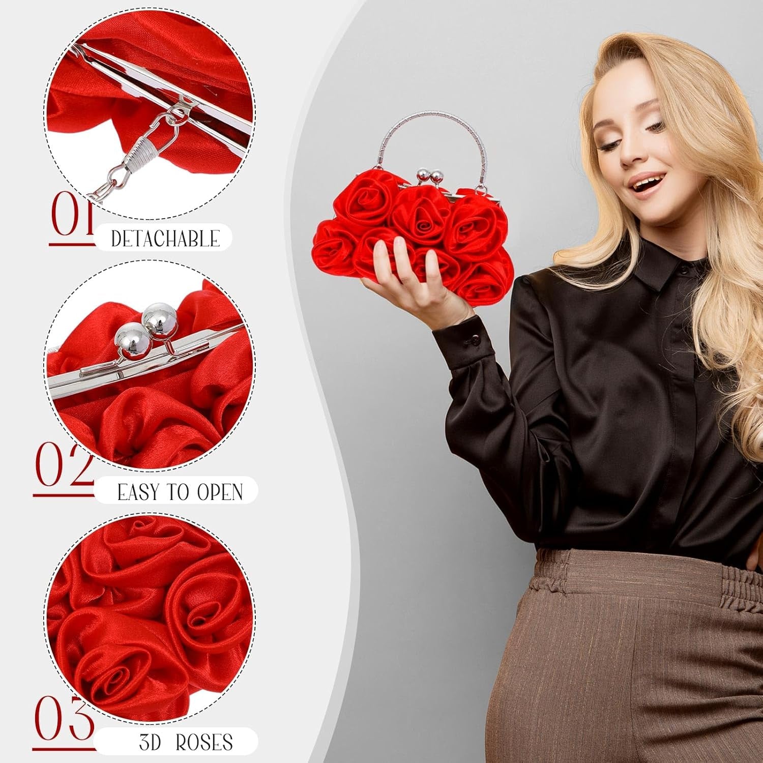 Women Roses Satin Clutches Purses Floral Evening Handbag Clutch Purses for Women Gift for Mom