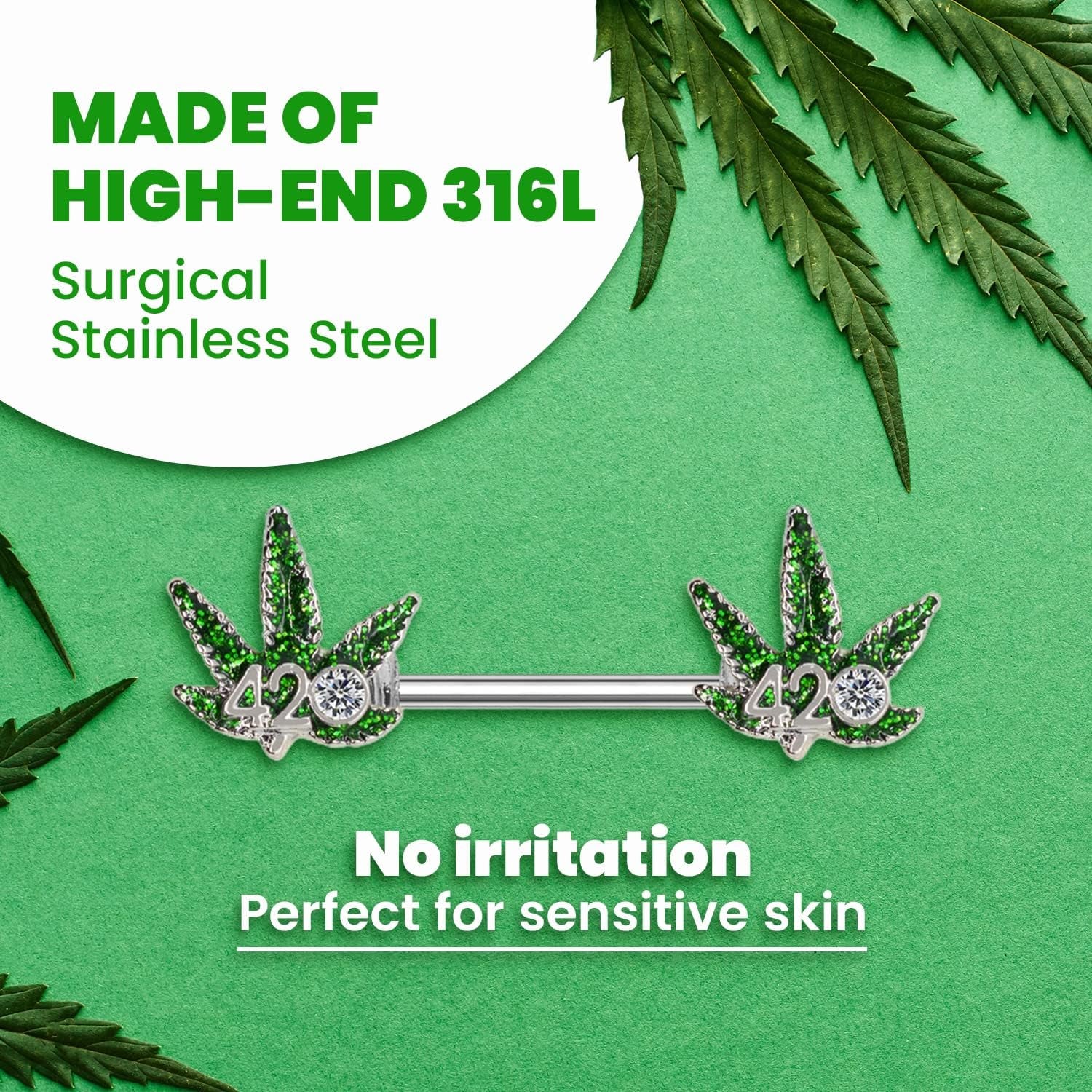 14G Nipple Piercing Surgical Stainless-Steel Set of 2 Barbell Marijuana Weed Leaf - 420 Cute Nipple Rings Nipple Piercing Jewelry for Women - 9/16" Barbell (Green)