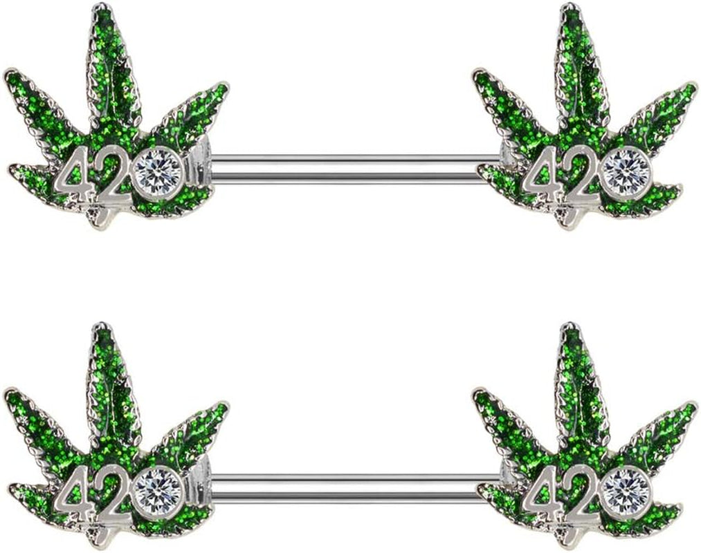 14G Nipple Piercing Surgical Stainless-Steel Set of 2 Barbell Marijuana Weed Leaf - 420 Cute Nipple Rings Nipple Piercing Jewelry for Women - 9/16" Barbell (Green)