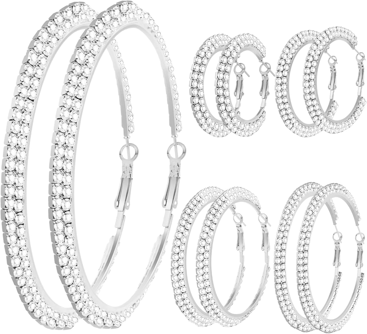 7-Pair Rhinestone Hoop Earring Set – Gold & Silver, 3-10cm Sparkly Round Hoops for Party & Wedding