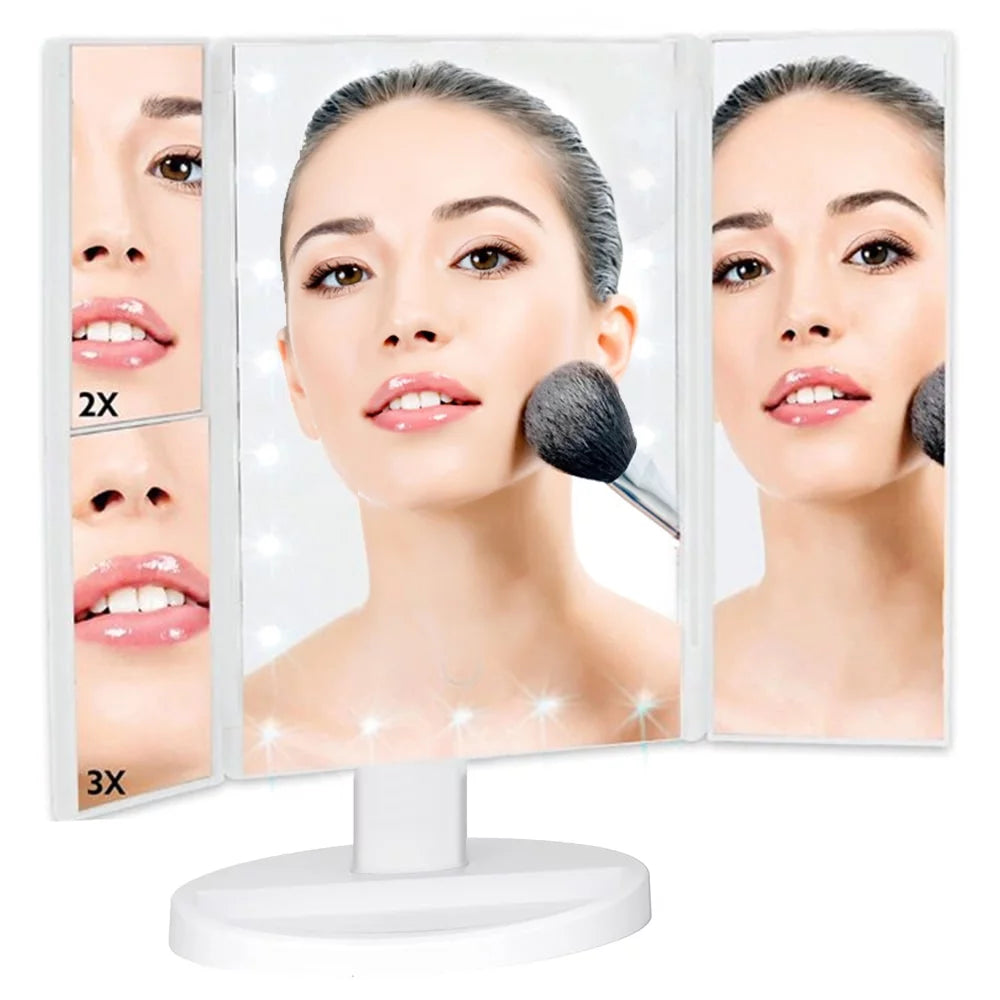 Tri-Fold LED Lighted Makeup Mirror with Magnification & Touch Control