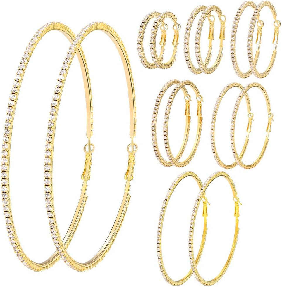 7-Pair Rhinestone Hoop Earring Set – Gold & Silver, 3-10cm Sparkly Round Hoops for Party & Wedding