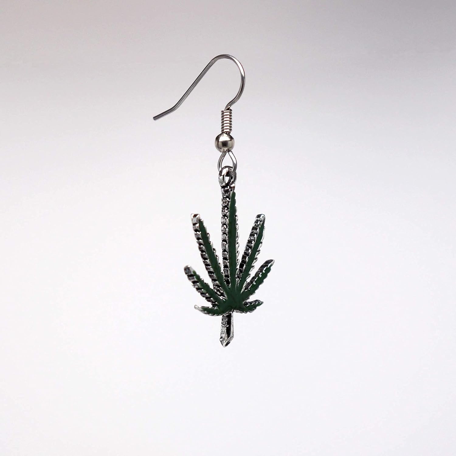 Marijuana Weed Pot Leaf Dangle Earrings Green Enamel on Pewter