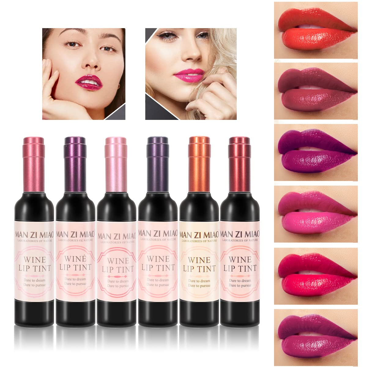 6 Colors Wine Lip Tint Set, Matte Lip Stain Long Lasting Waterproof Liquor Bottle Lip Gloss Gift Set, Silky Smooth Lightness Non-Stick Lipstick for Women (Wine Matte Lip Tint Set)