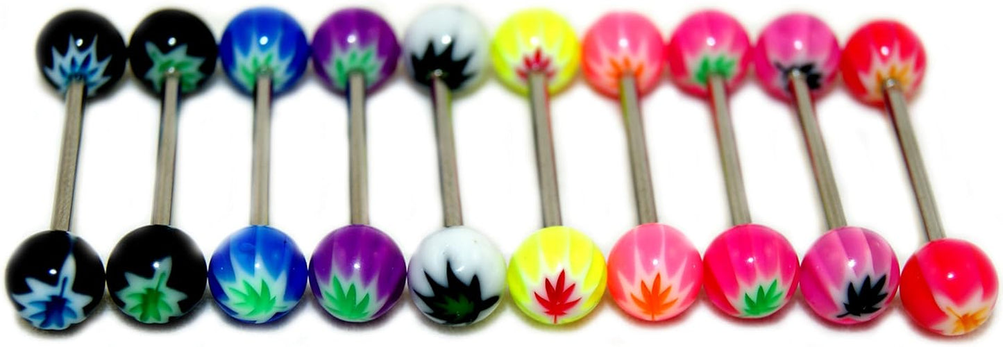 Acrylic Tongue Rings Barbells Bar 14G Cannabis Marijuana Weed Pot LOT of 10