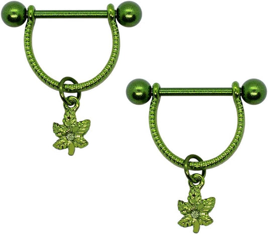 14G Stainless Steel Green Marijuana Leaf Dangle Nipplerings Piercing Women 9/16" Barbell